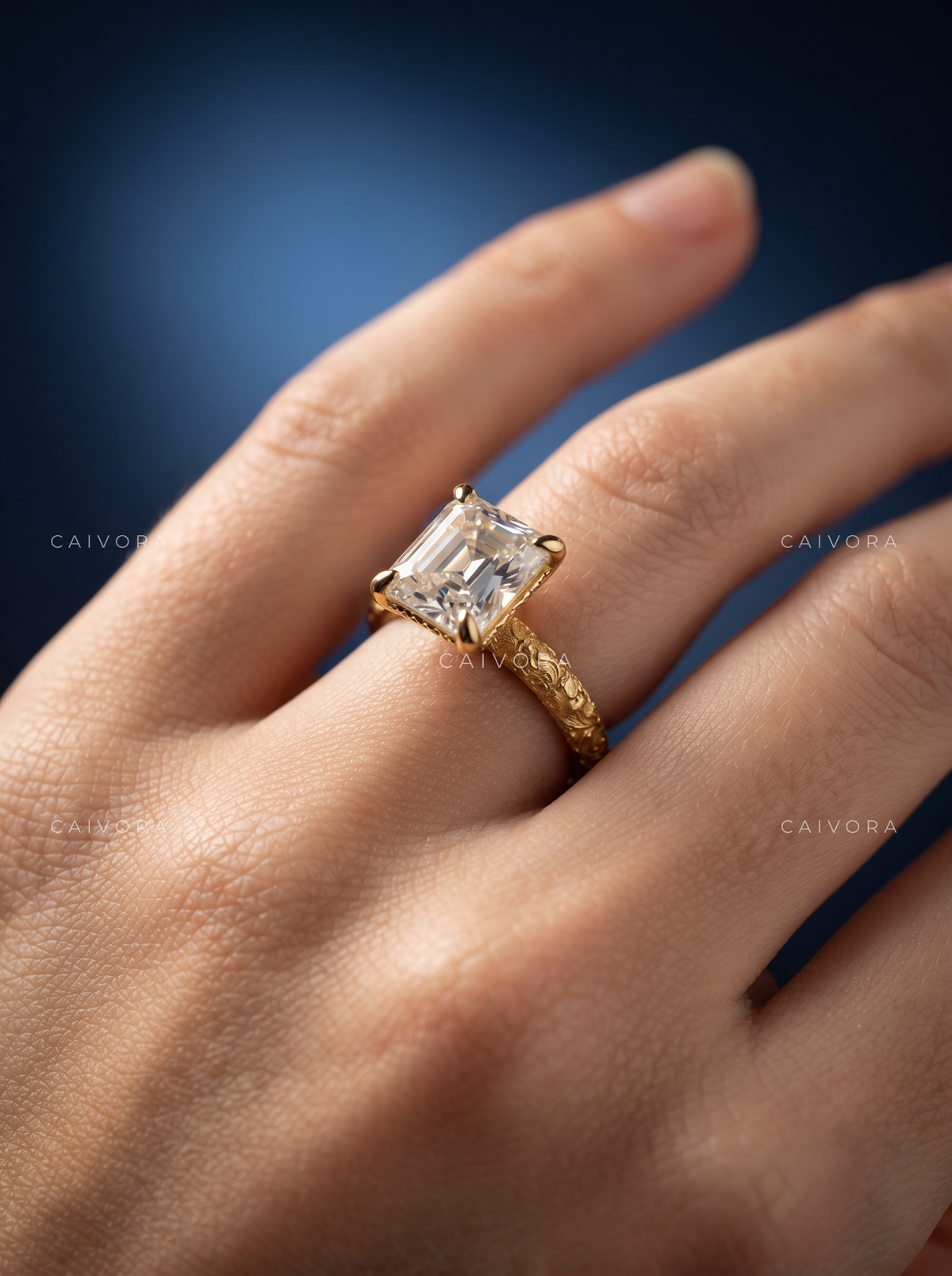 Asscher Cut Floral Detail Vintage Engagement Ring