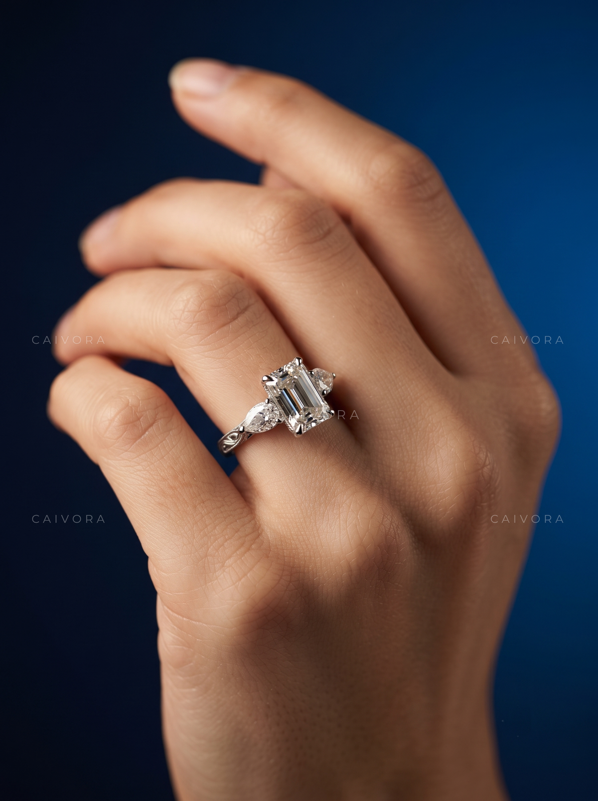 Emerald Cut Tulip Setting Engagement Ring with Diamond Accents