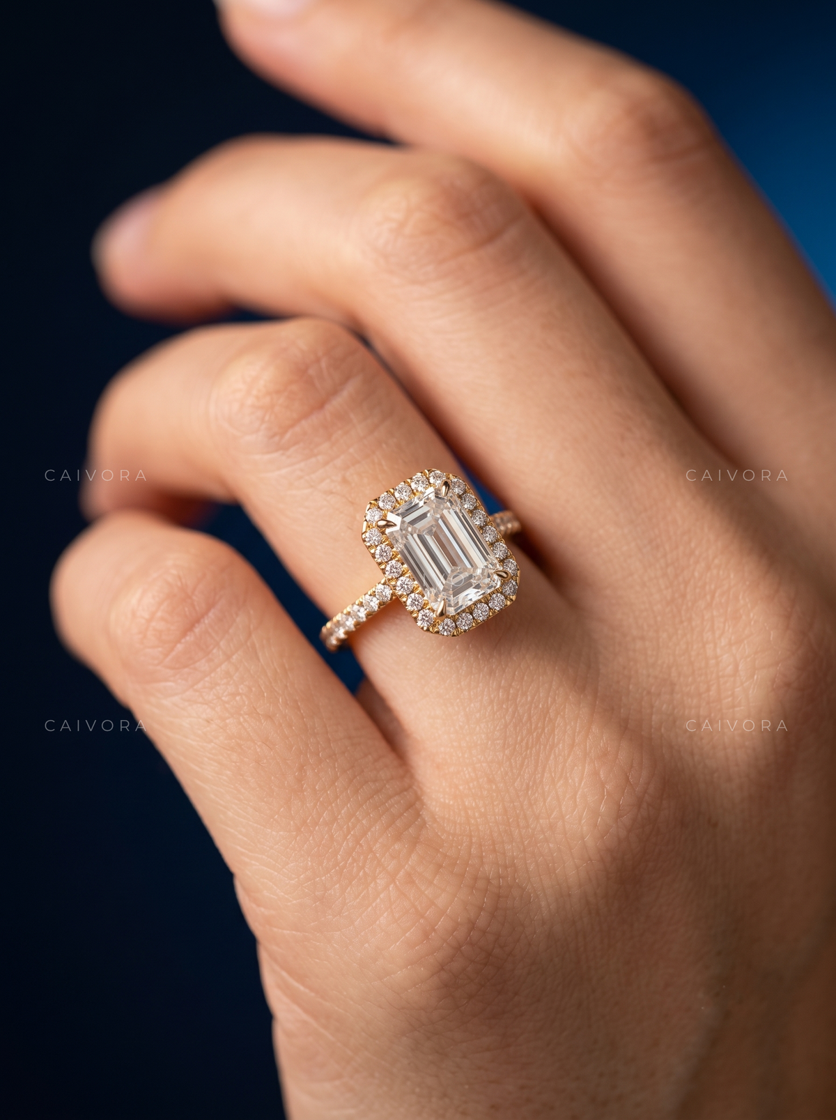 Vintage Halo Engagement Ring with Emerald Diamond & Pavé Accents