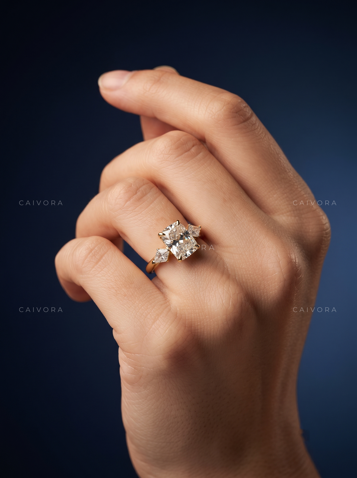 Elegant Three Stone Engagement Ring with Elongated Cushion Diamond & Kite Accents