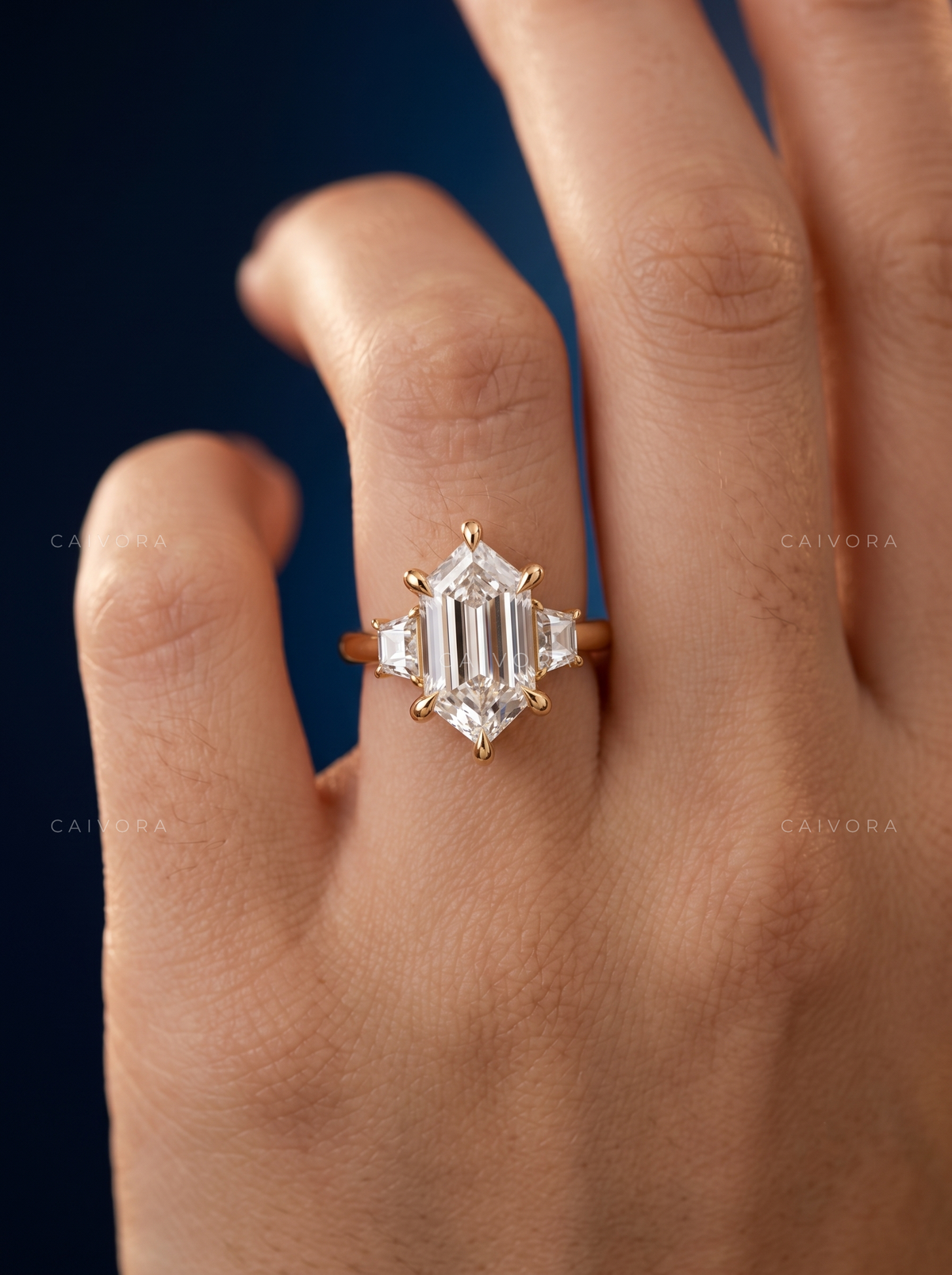 Modern Three Stone Engagement Ring with Hexagon Diamond & Trapezoid Accents
