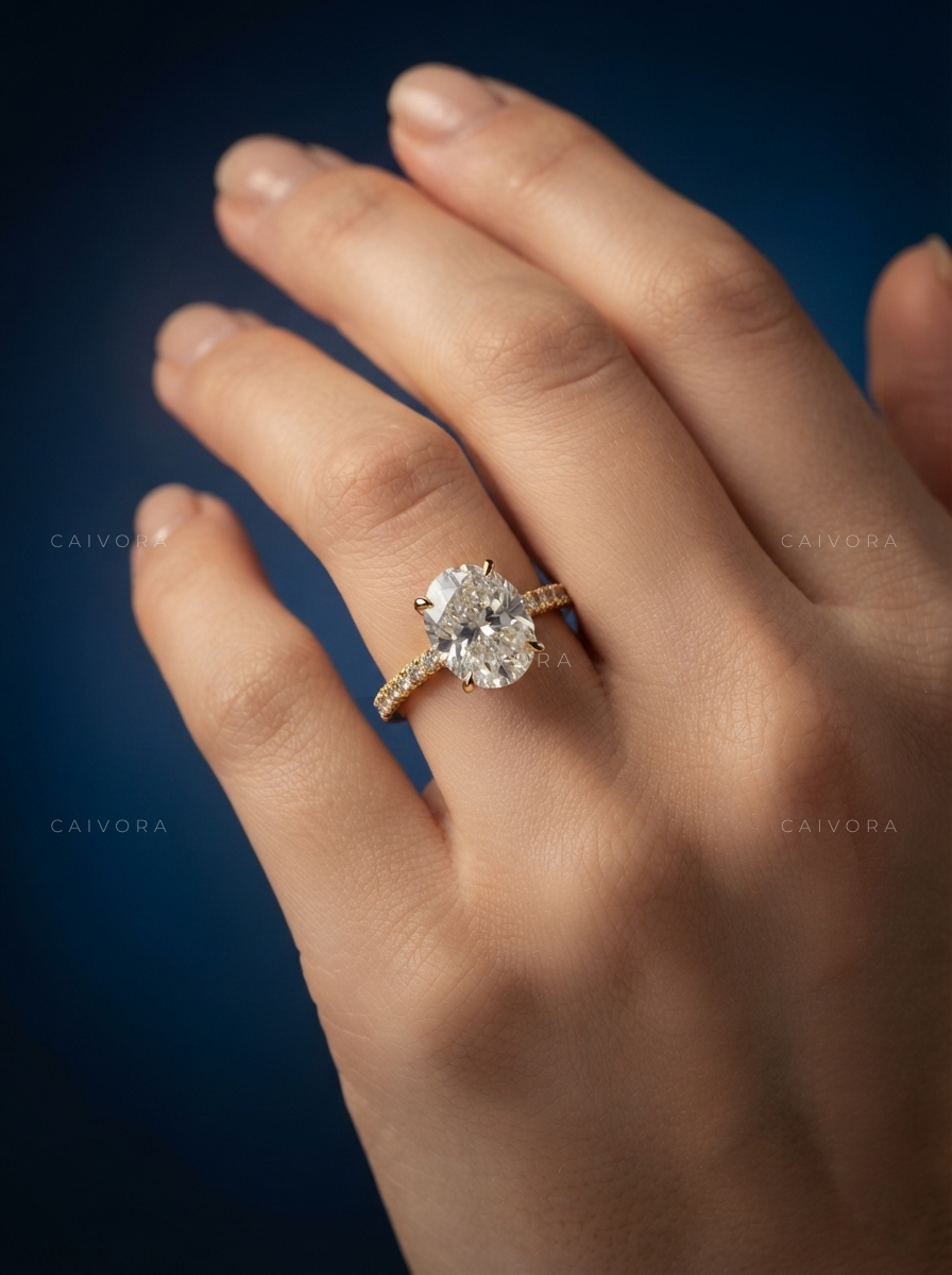 Portuguese cut Diamond Engagement Ring with Delicate Pave Band