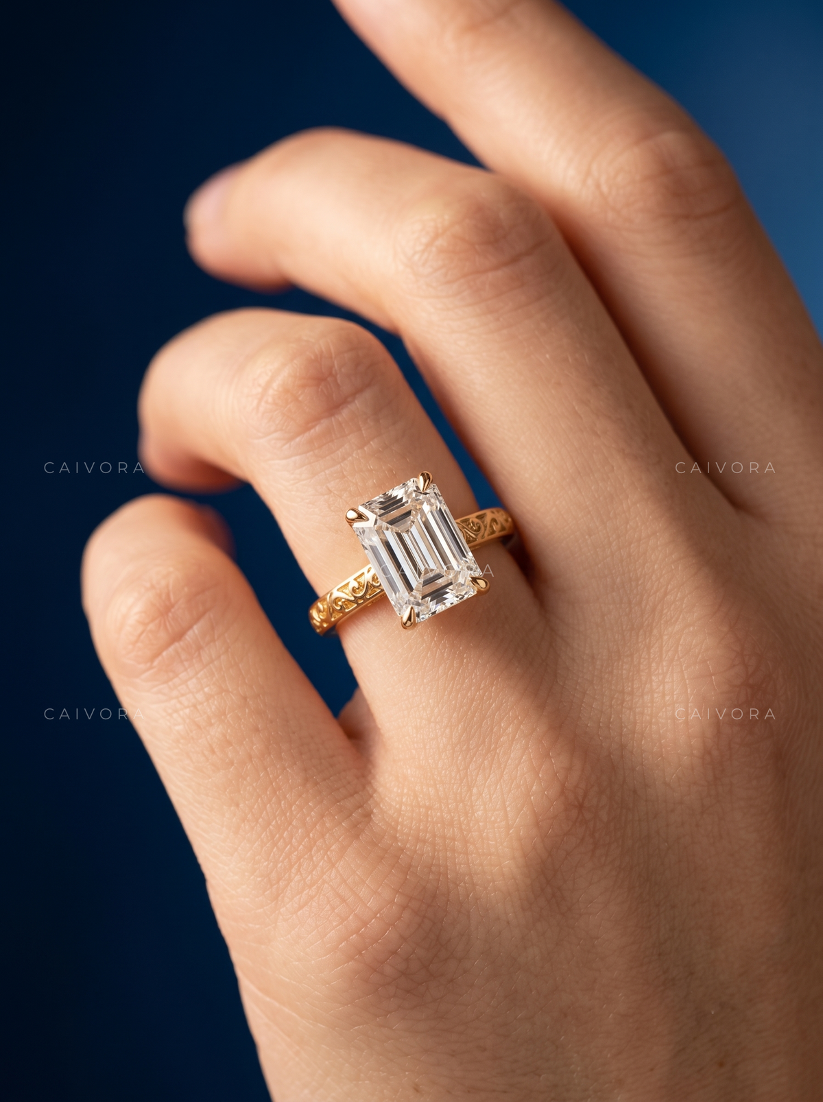 Emerald Cut Architectural Engagement Ring with Round Diamond Accents