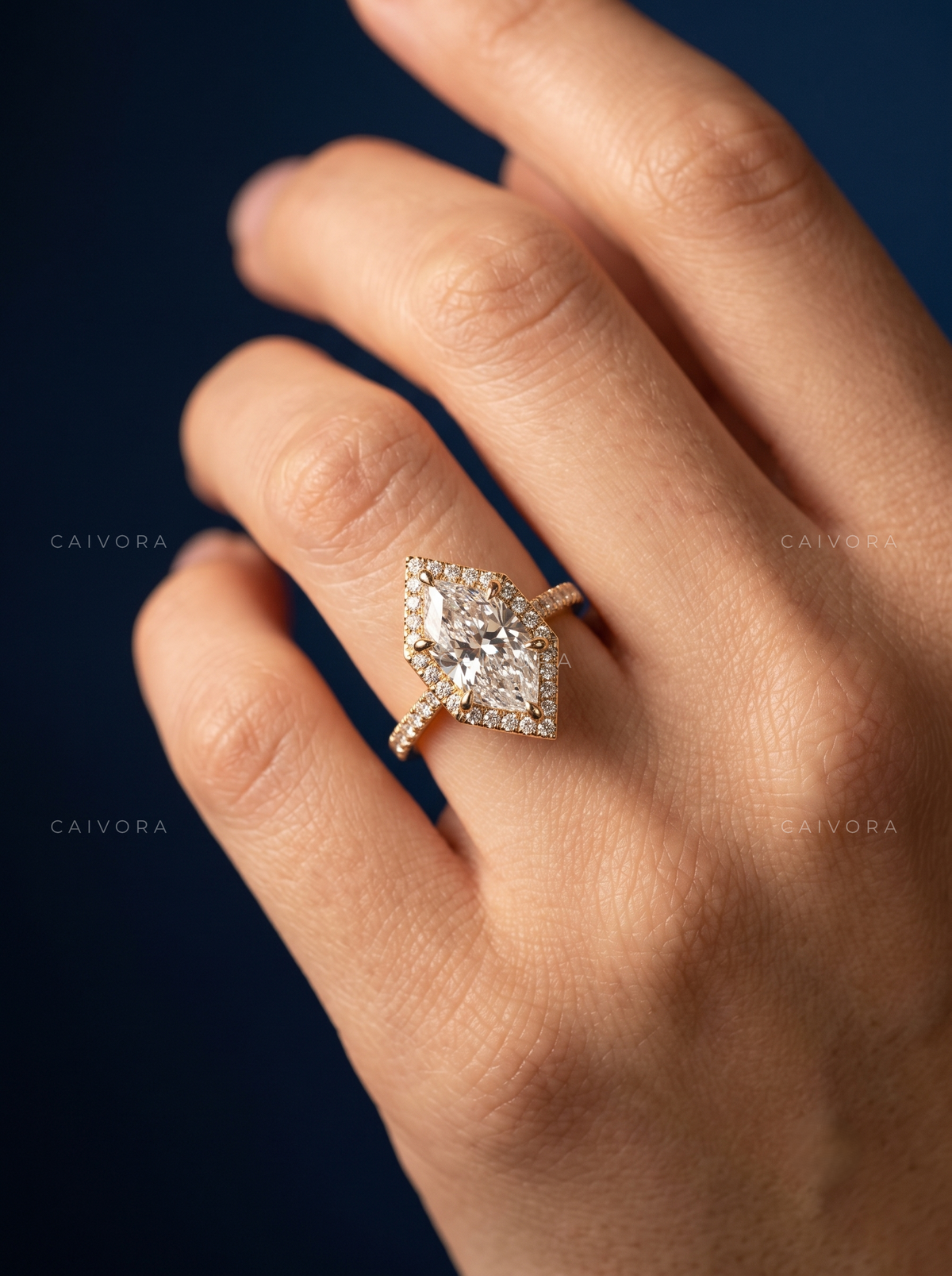 Elegant Dutch Marquise Halo Engagement Ring with Pavé Diamonds