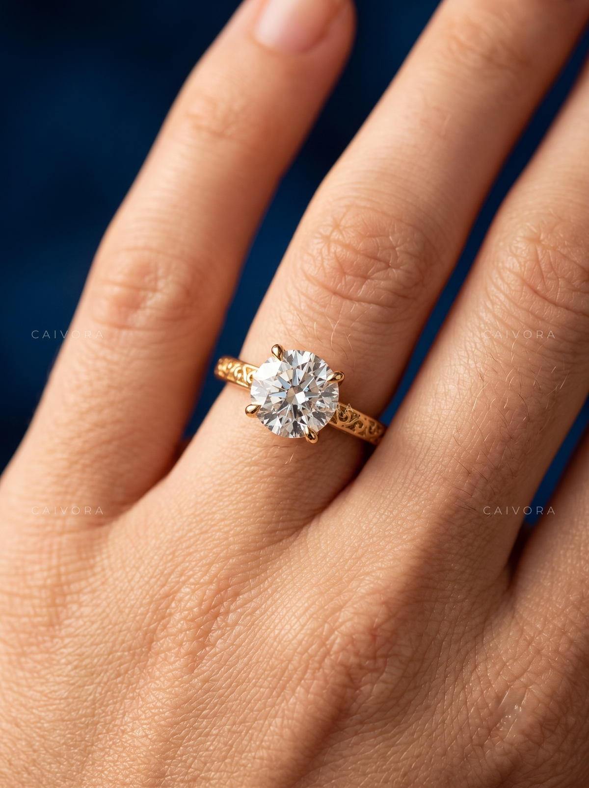 Round Diamond Architectural Engagement Ring with Pavé Accents