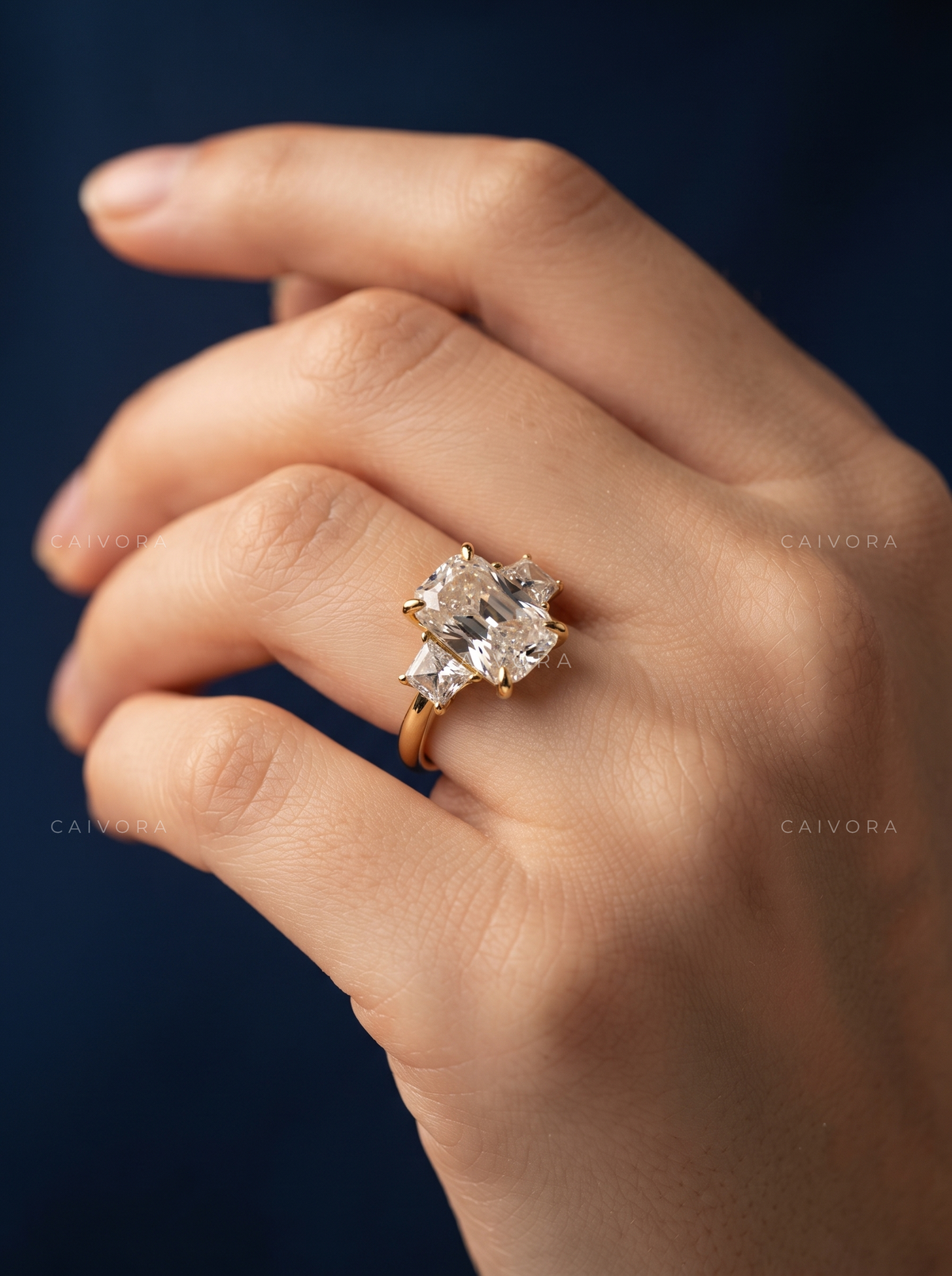 Vintage Three Stone Engagement Ring with Old Mine Diamond & Trapezoid Accents