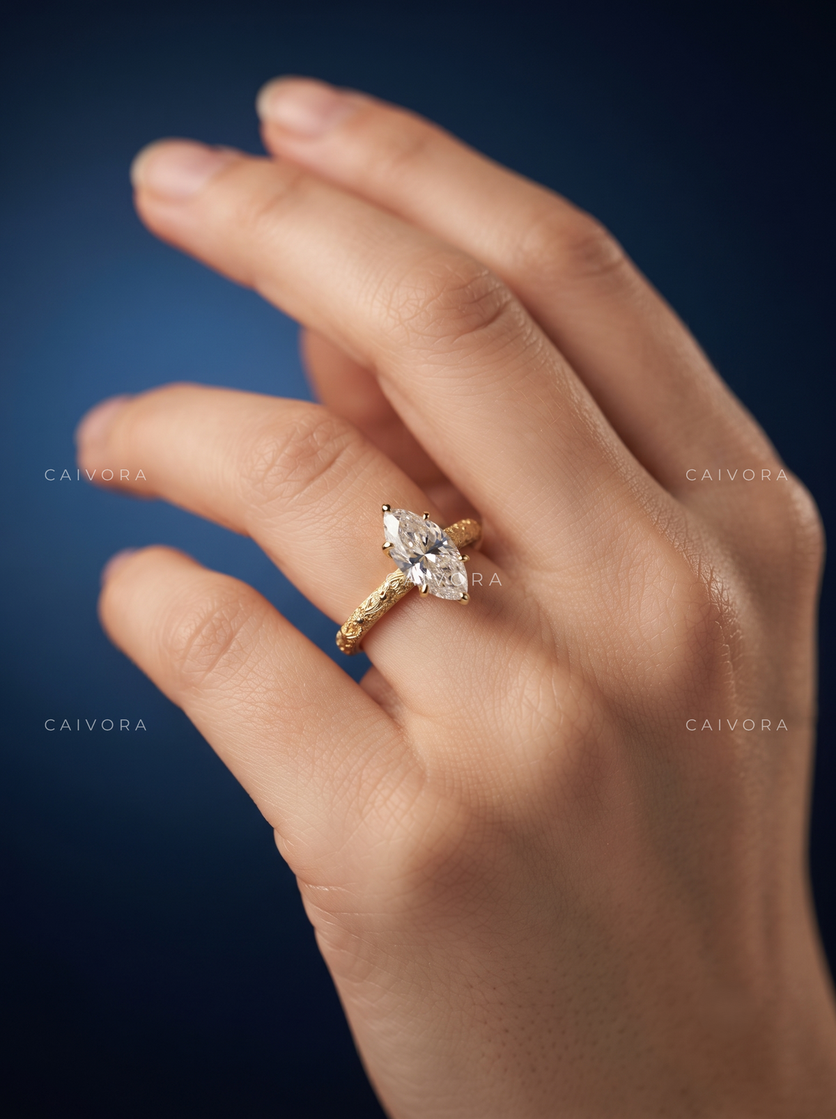 Marquise Cut Floral Engraved Solitaire Engagement Ring