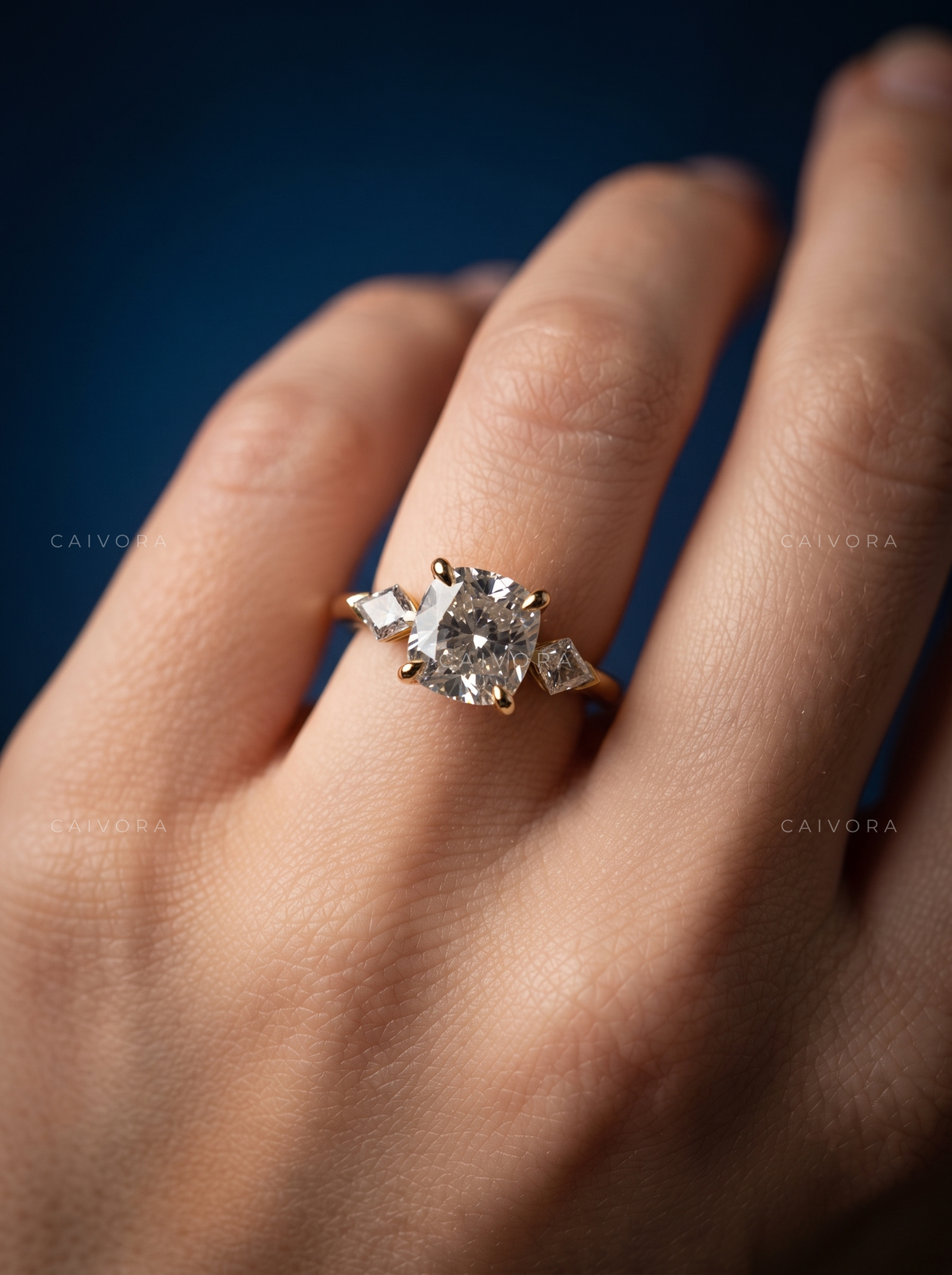Refined Three Stone Engagement Ring with Cushion Diamond & Kite Accents