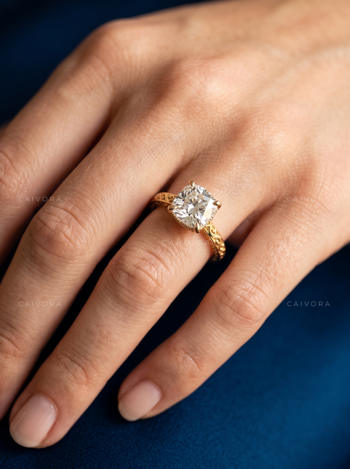 Cushion Cut Diamond Architectural Engagement Ring with Round Accents