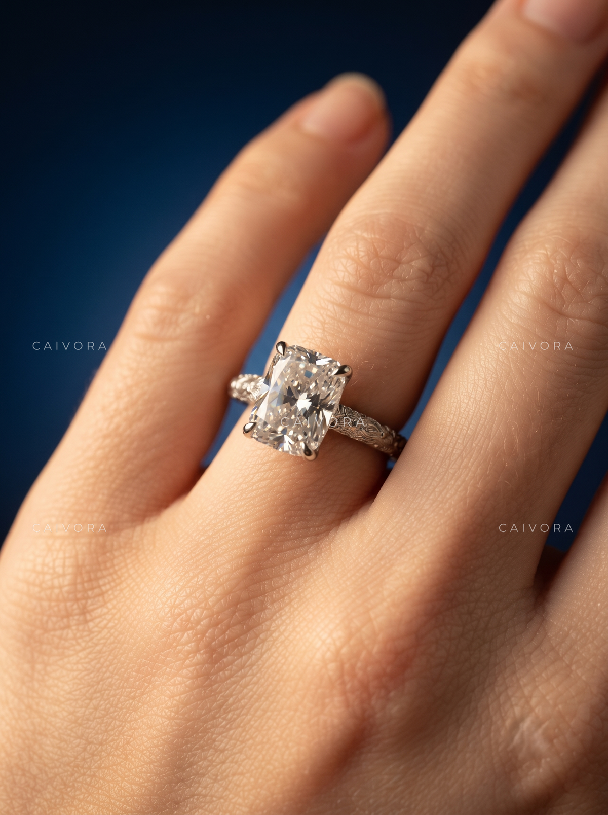 Cushion Cut Hand Engraved Vintage Solitaire Engagement Ring