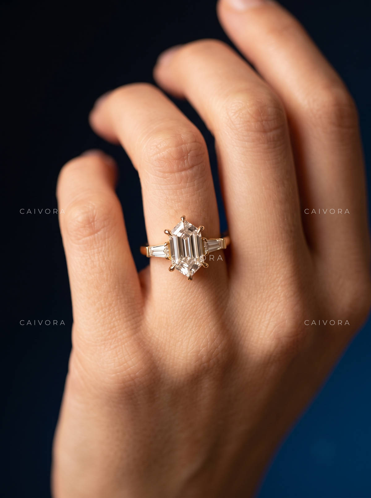 Sculptural Elegance with a Hexagonal Marquise Center