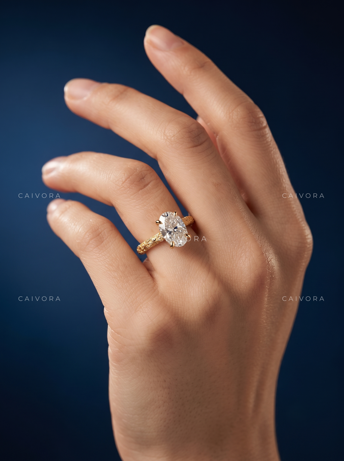 Oval Cut Hand Engraved Floral Solitaire Engagement Ring