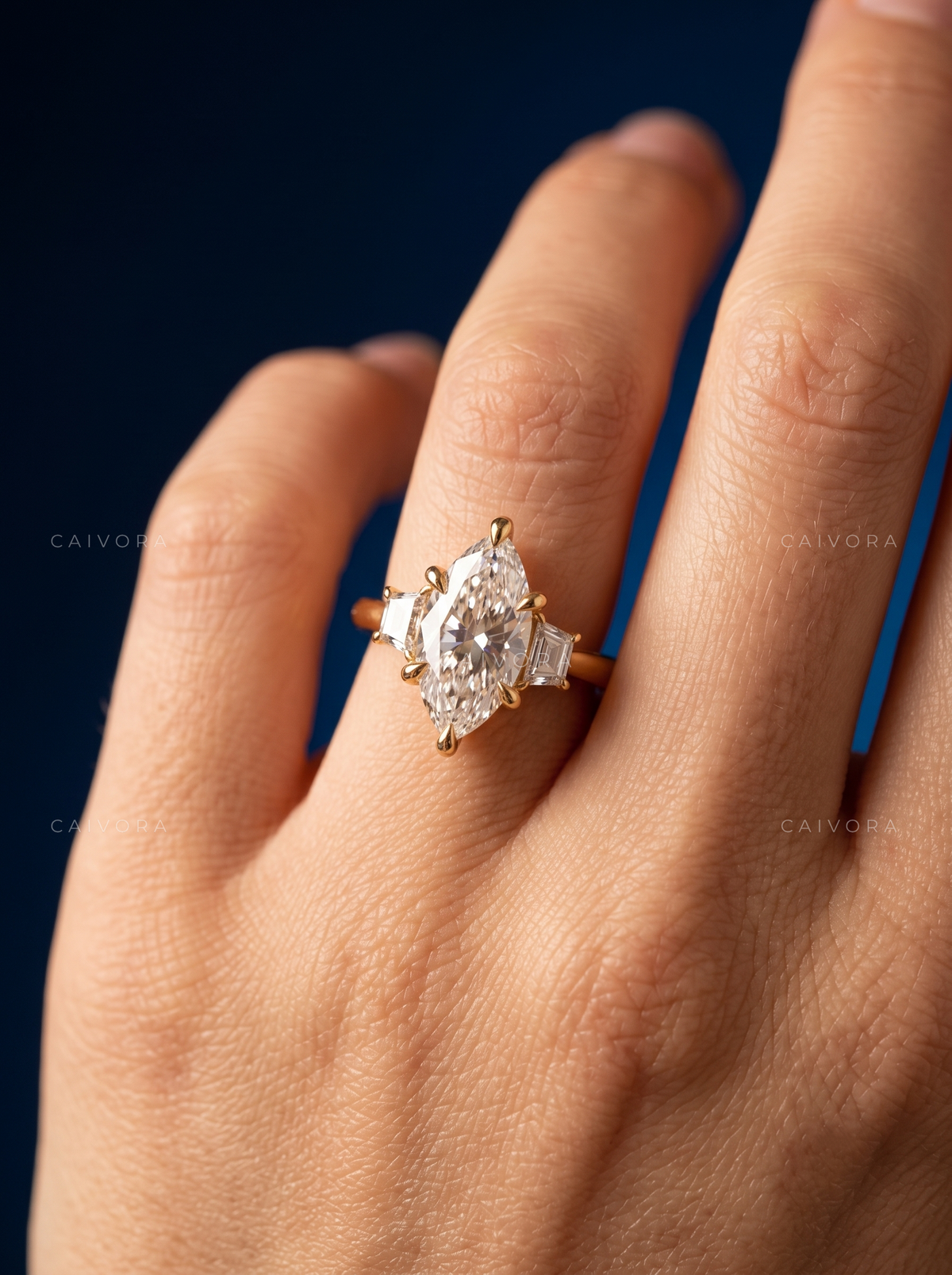 Sophisticated Three Stone Engagement Ring with Marquise Diamond & Trapezoid Accents