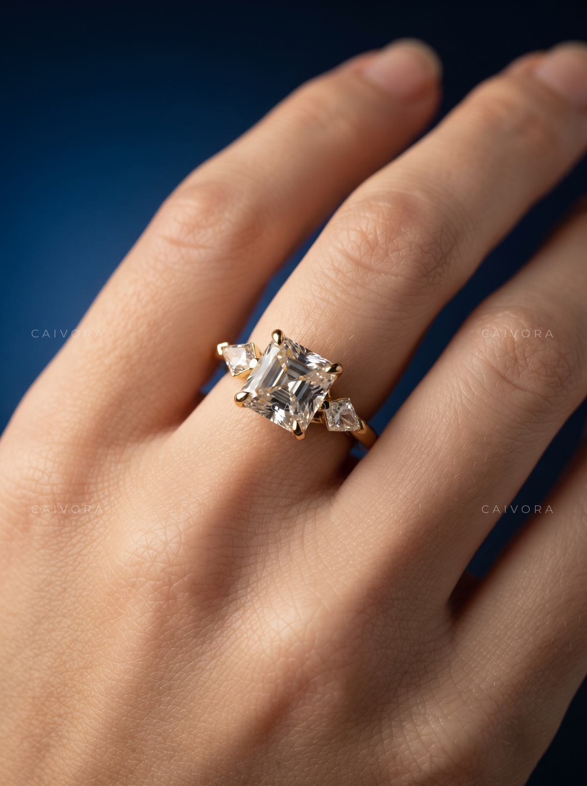 Modern Three Stone Engagement Ring with Asscher Diamond & Kite Accents