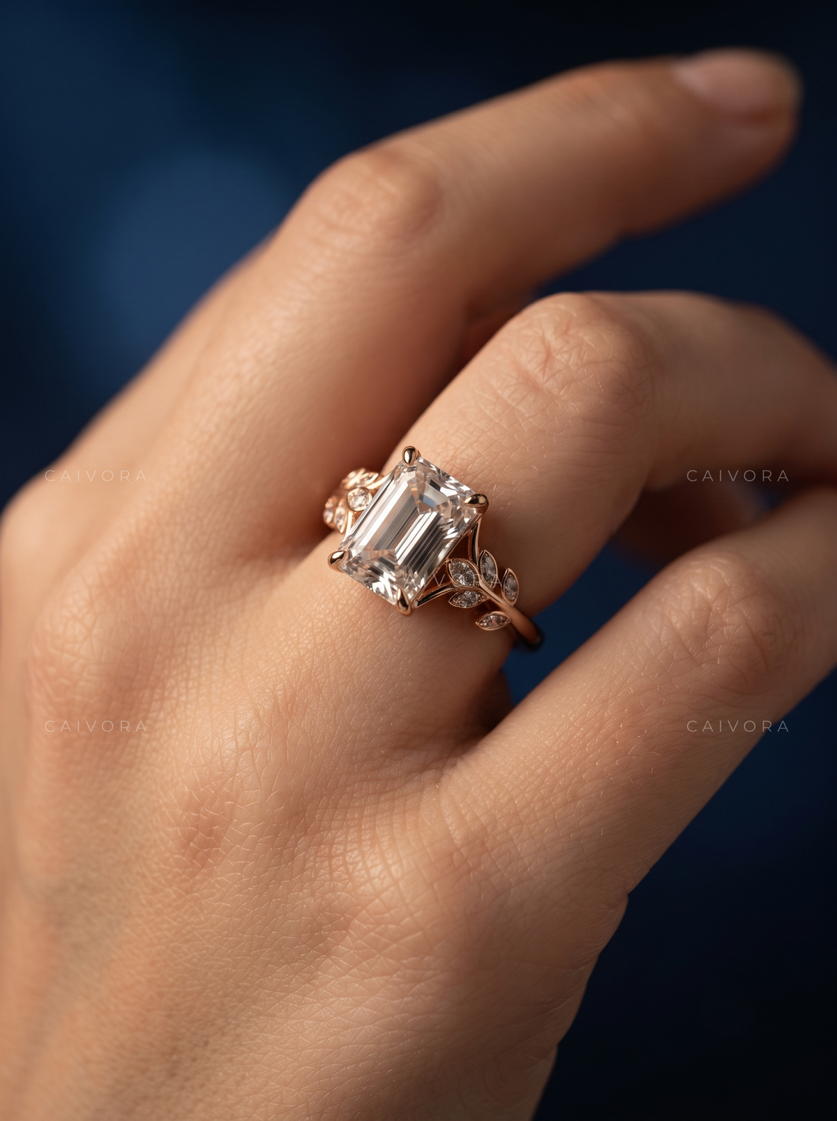 Emerald Cut Floral Engagement Ring with Marquise Accents