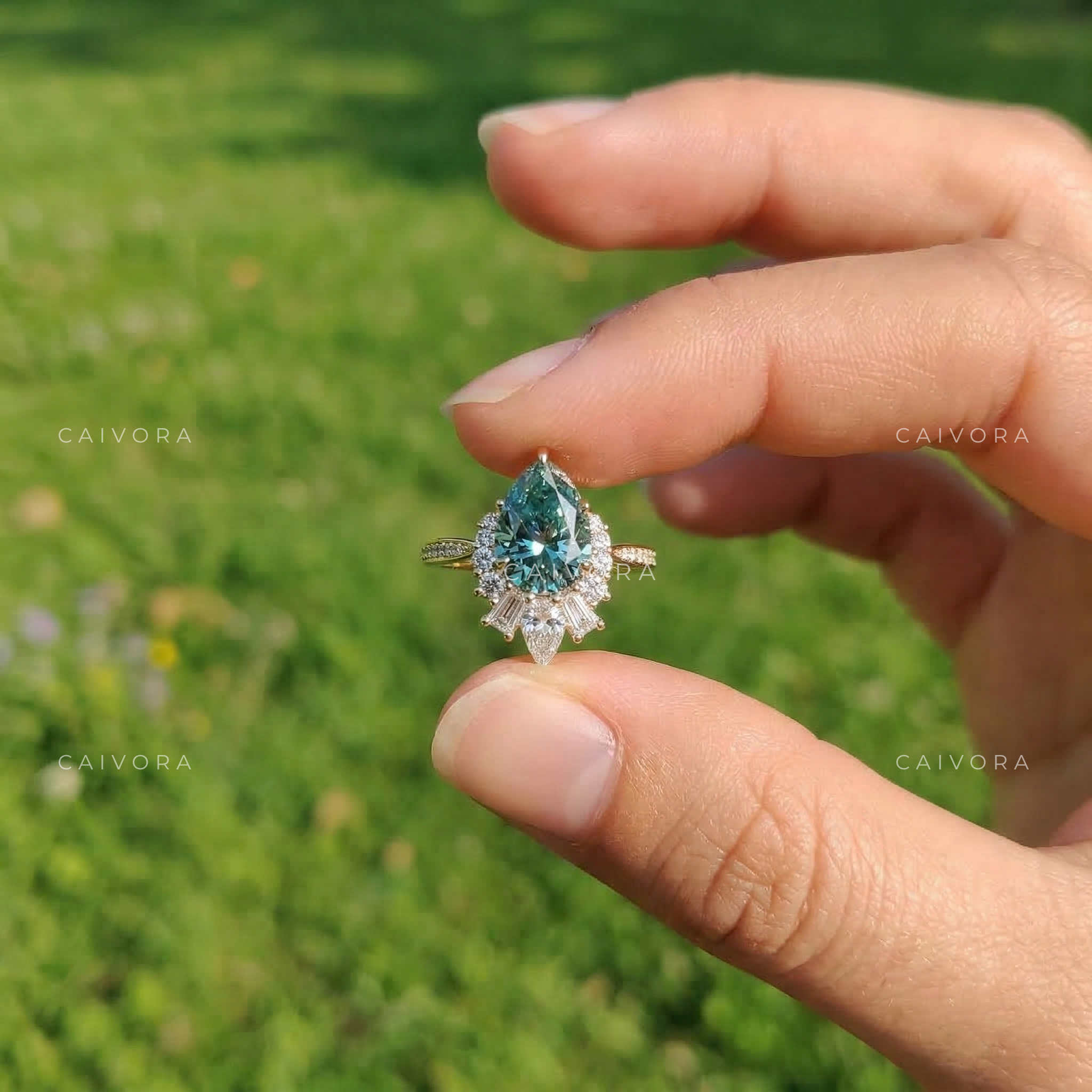 Vintage Green Pear Cut Diamond Engagement Ring