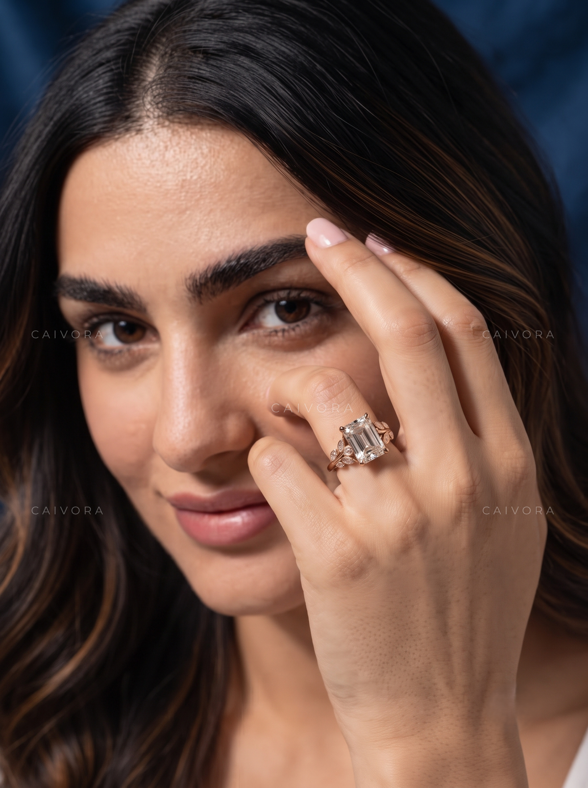 Emerald Cut Floral Engagement Ring with Marquise Accents