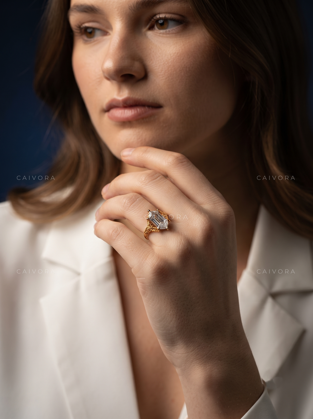 Aveline Sculpted Engagement Ring with an Elongated Hexagon Diamond