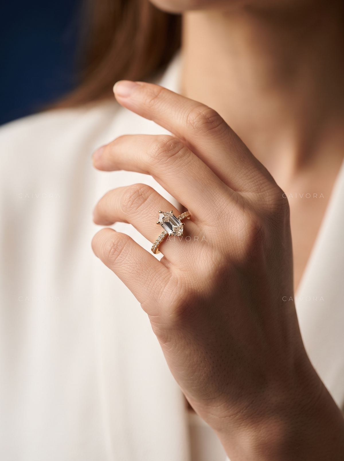 Hexagon Cut Diamond Ring with Modern Pave Setting