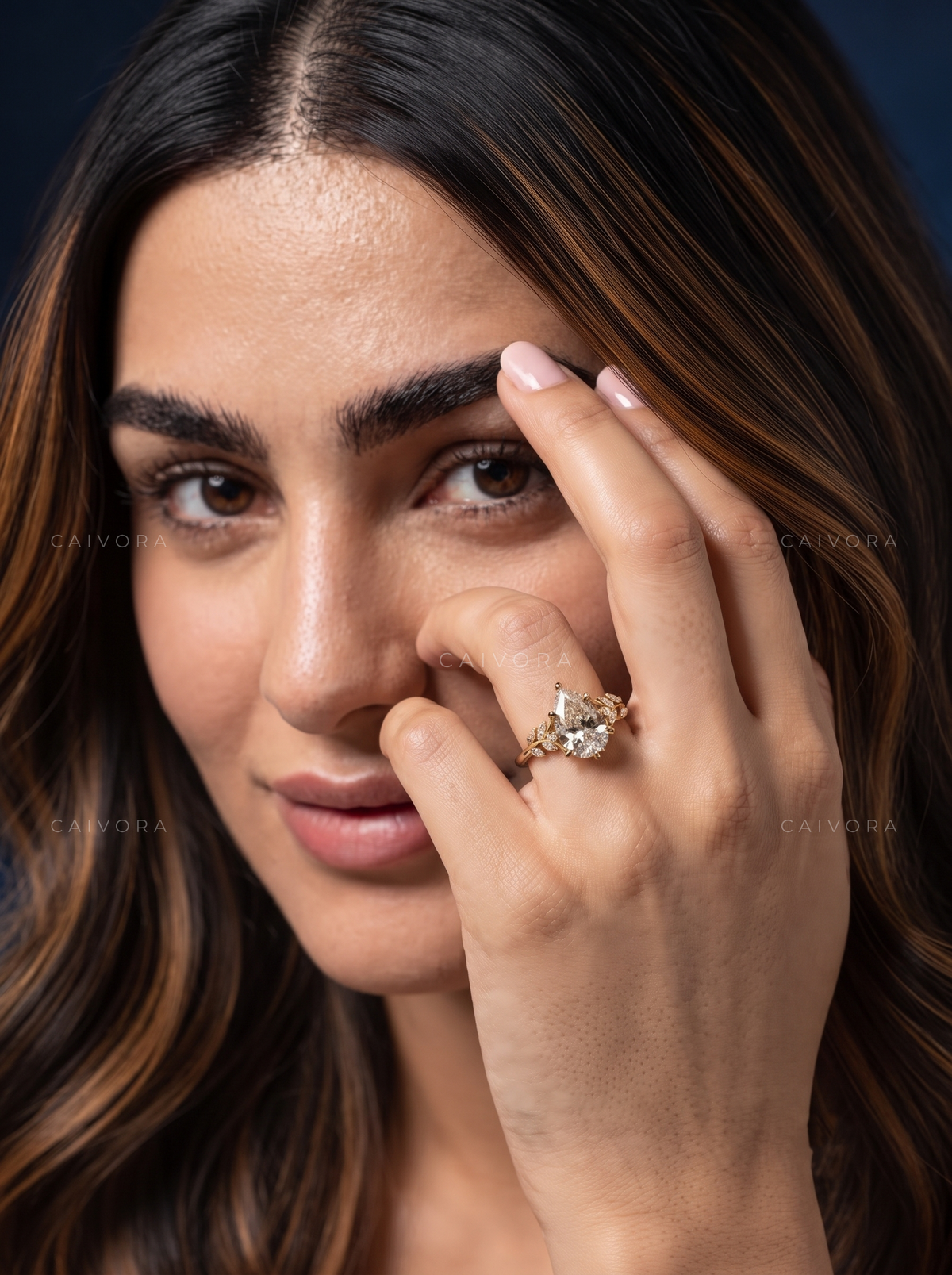 Pear Shaped Diamond Floral Engagement Ring with Marquise Accents
