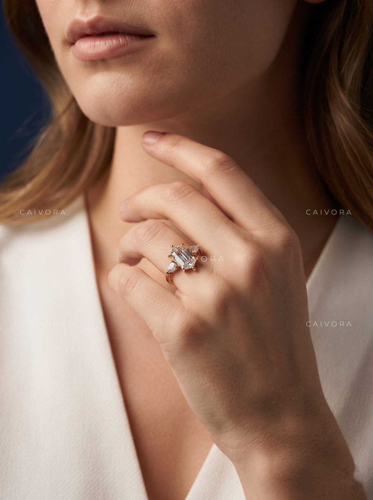 Modern Three Stone Elegance with a Hexagon Cut Center