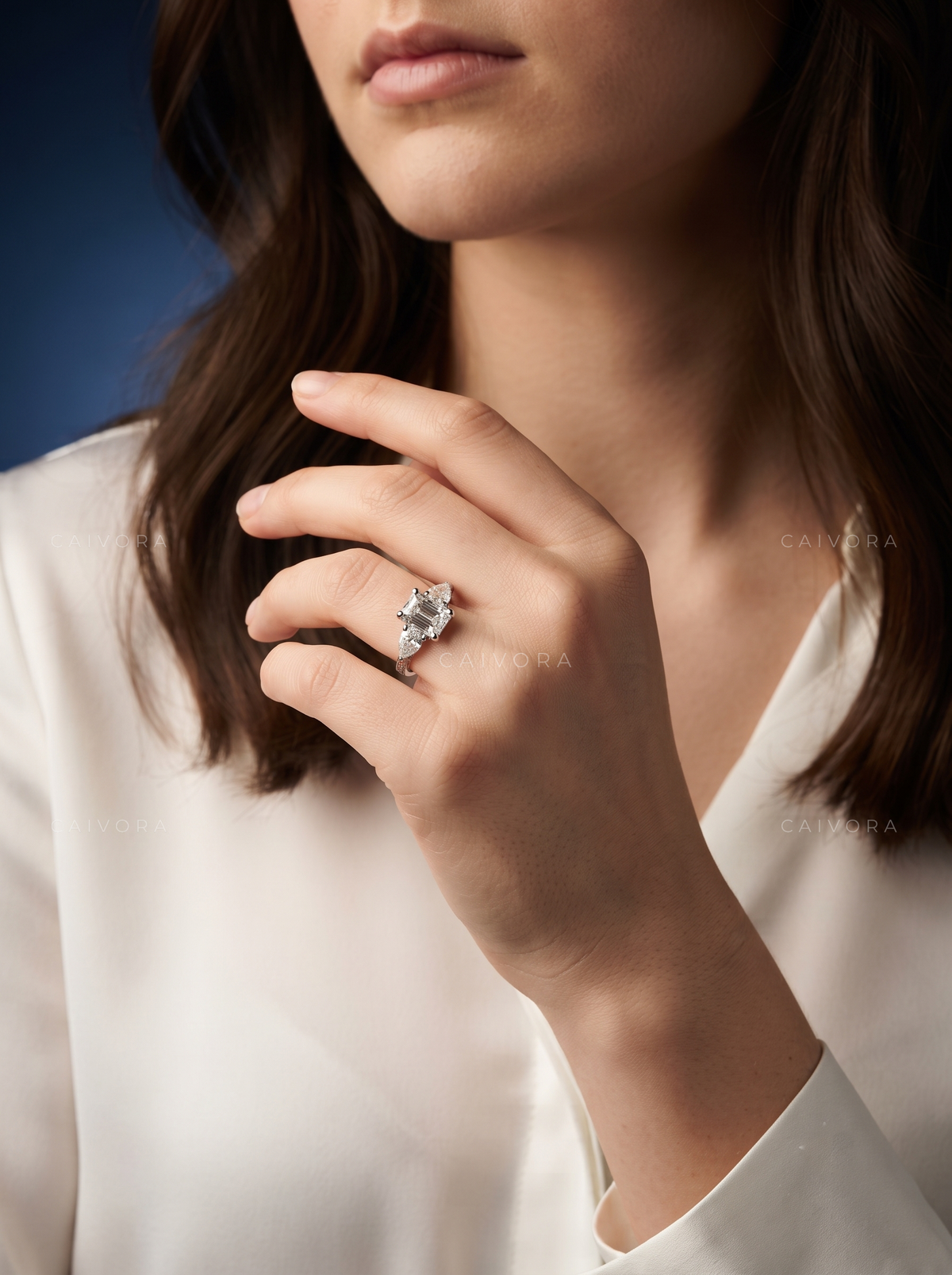 Emerald Cut Tulip Setting Engagement Ring with Diamond Accents