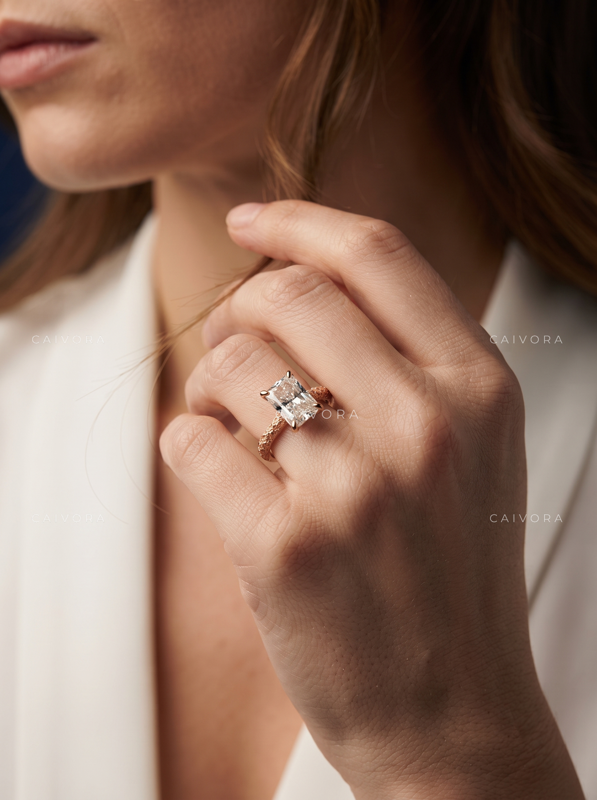 Radiant Cut Engraved Floral Solitaire Engagement Ring