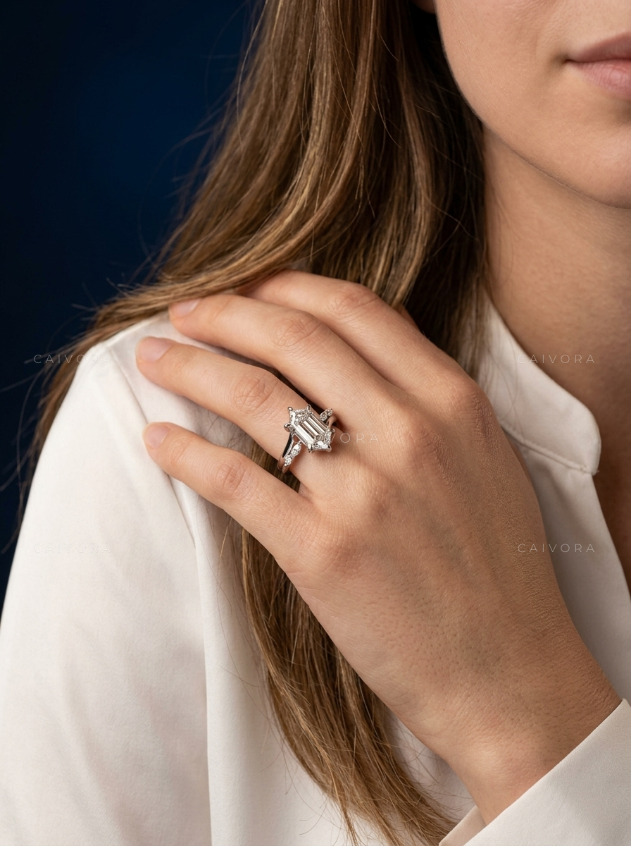 Twisted Band Engagement Ring with a Distinctive Hexagon Cut Diamond