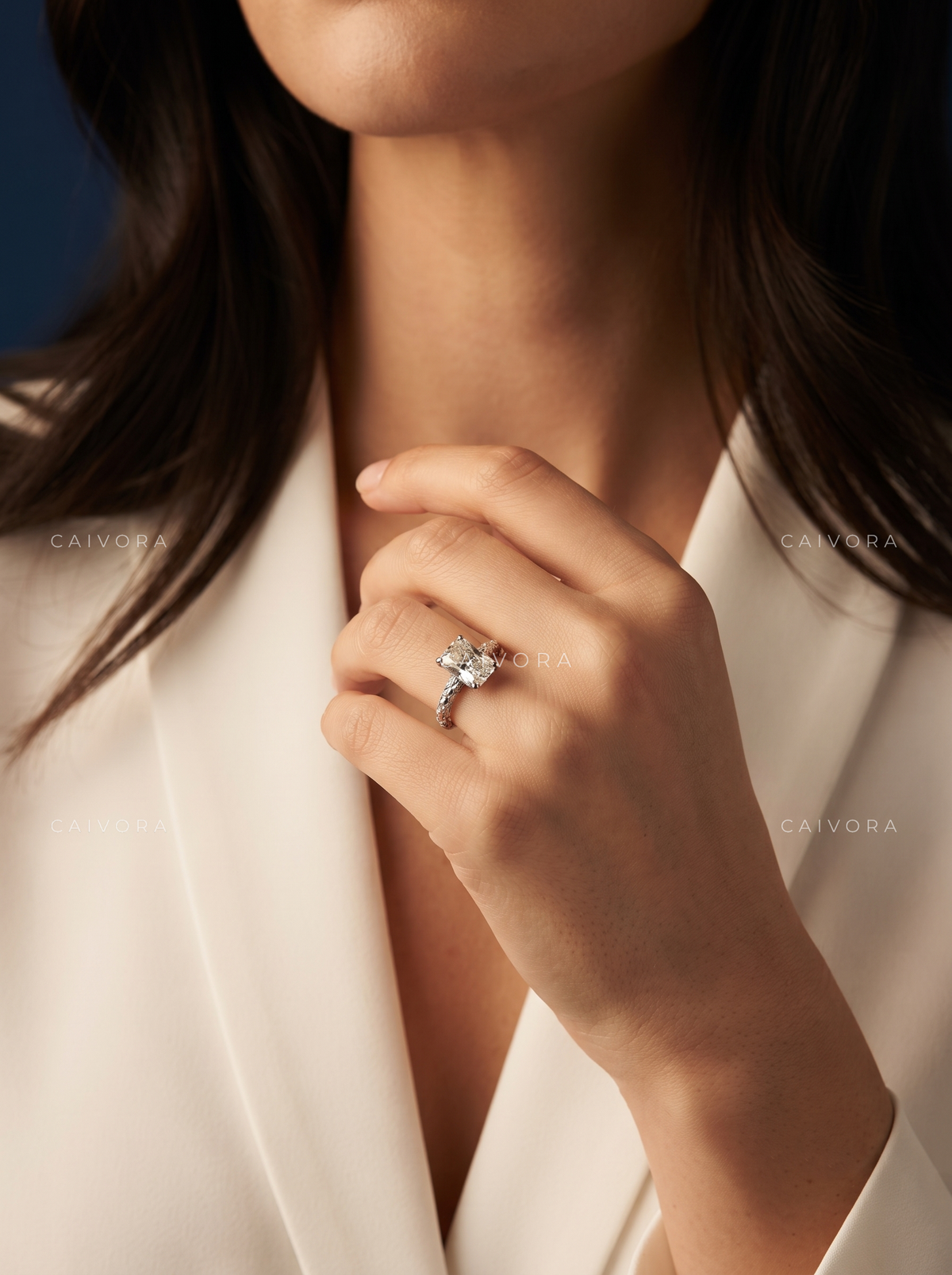 Elongated Cushion Cut Floral Solitaire Engagement Ring