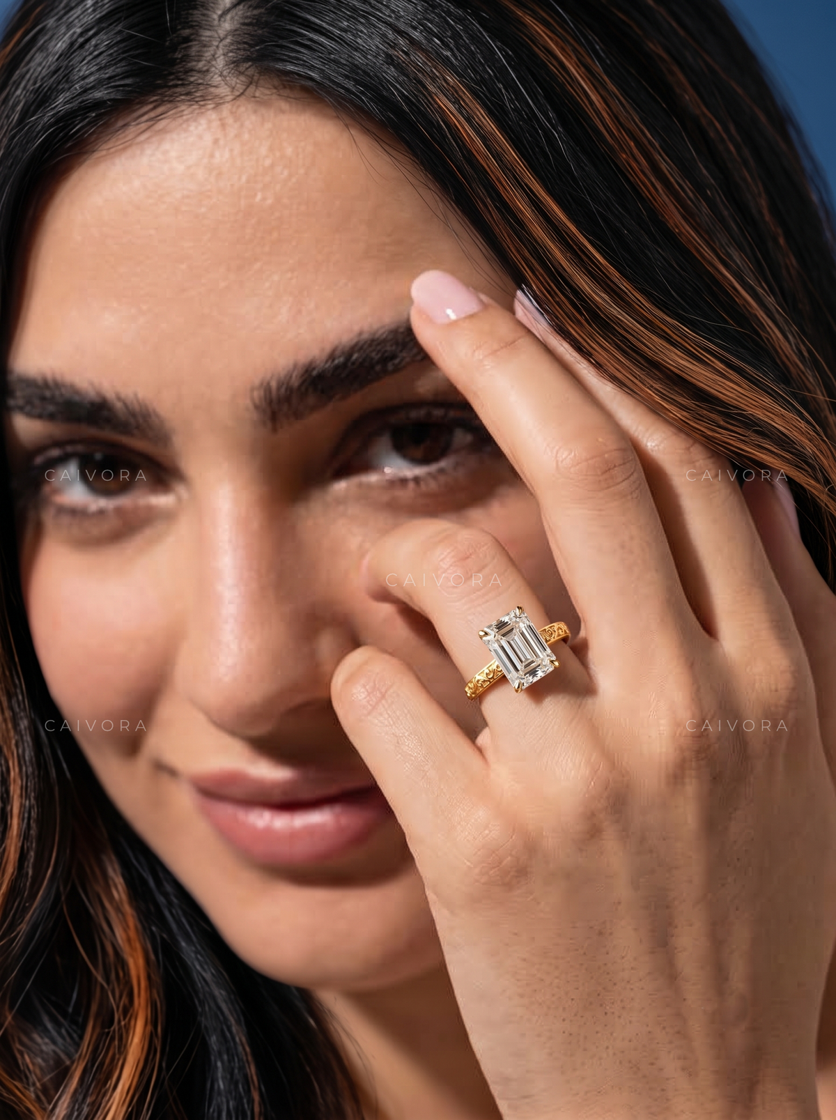 Emerald Cut Architectural Engagement Ring with Round Diamond Accents