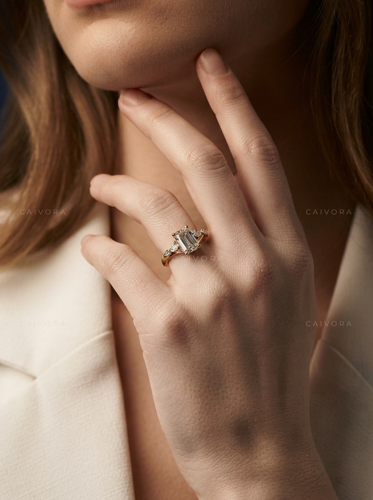 Emerald Cut Diamond Twist Ring with Hidden Halo