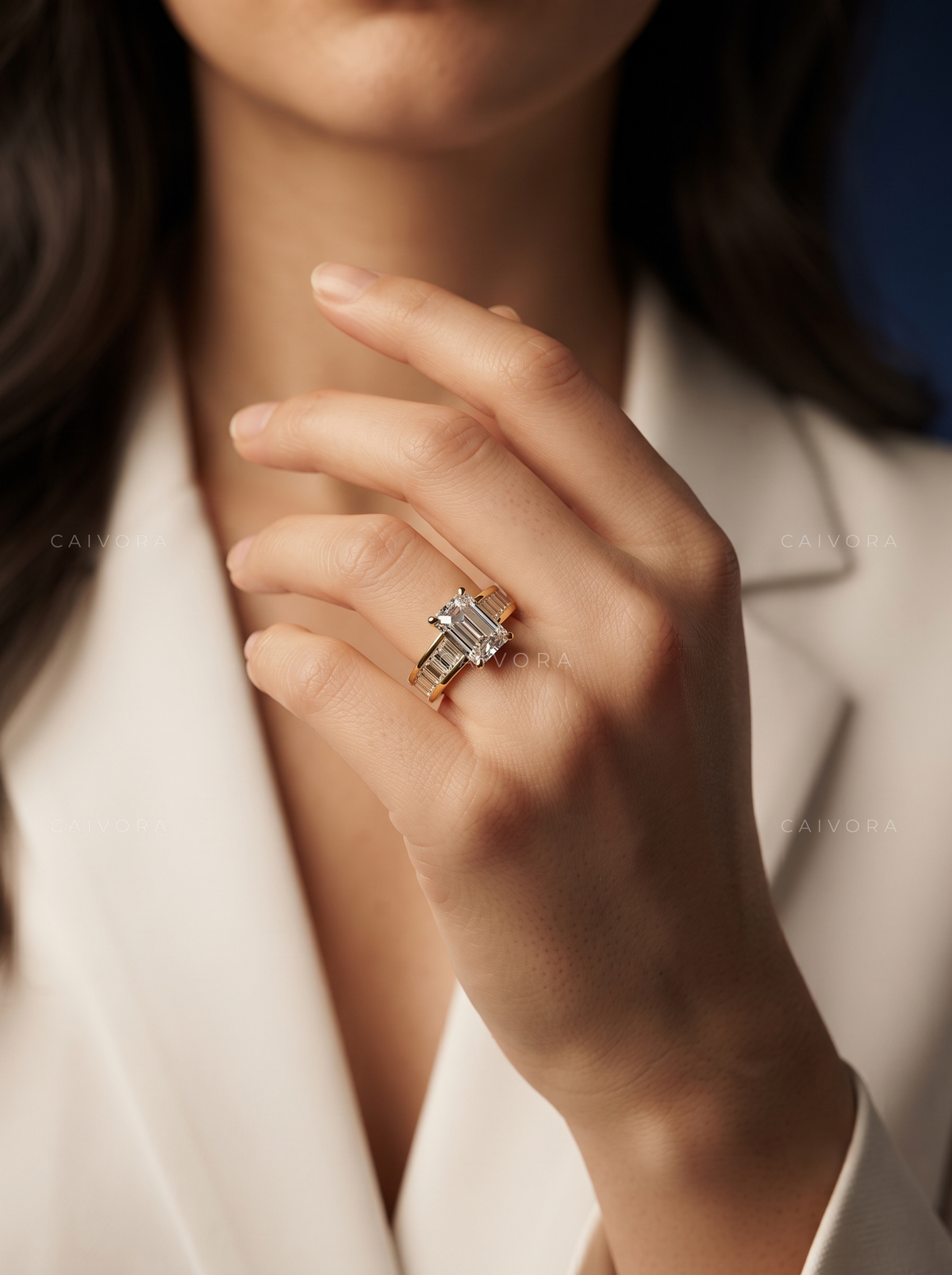 Emerald Cut Channel Setting Engagement Ring with Baguette Accents