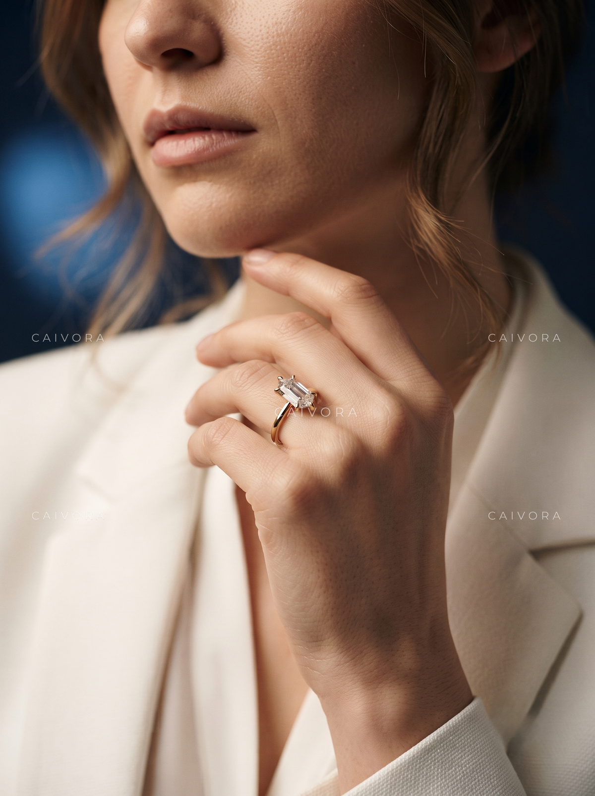 Architectural Tapered Cathedral Engagement Ring Featuring a Hexagon Cut Center