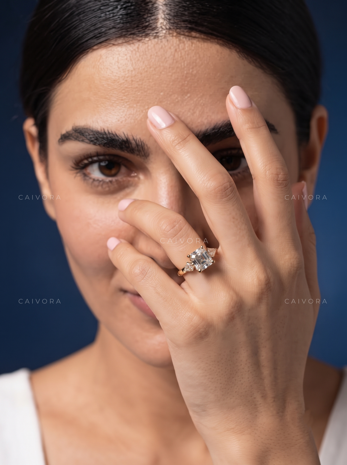 Modern Three Stone Engagement Ring with Asscher Diamond & Kite Accents