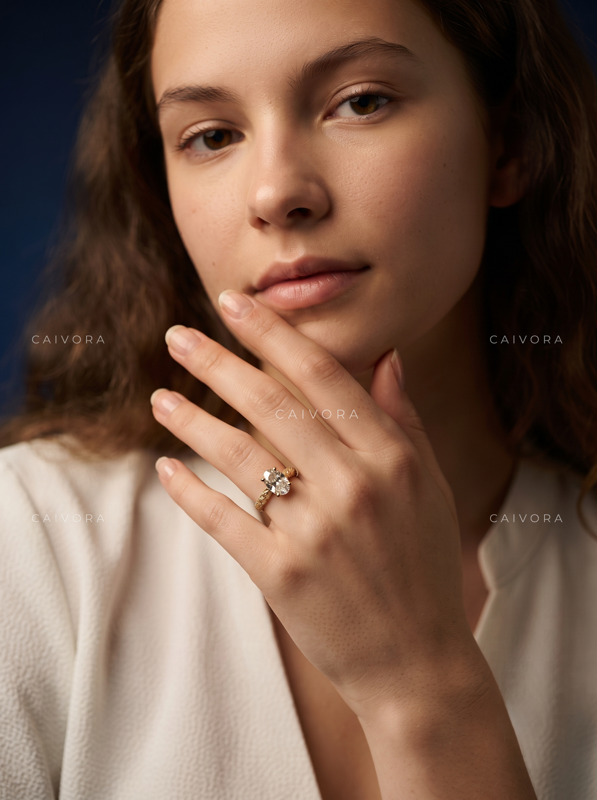Oval Cut Hand Engraved Floral Solitaire Engagement Ring