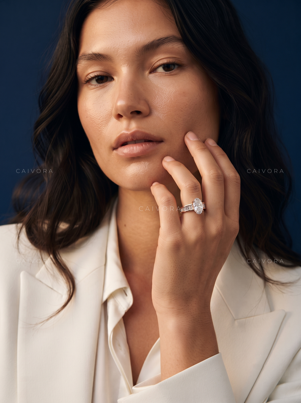 Moval Diamond Channel Setting Engagement Ring with Baguette Accents