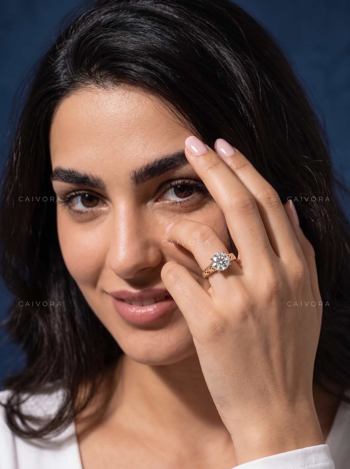 Round Diamond Architectural Engagement Ring with Pavé Accents