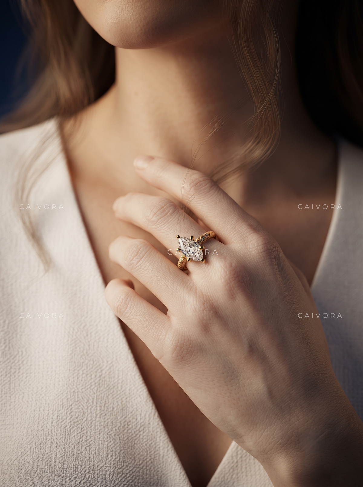 Hexagon Cut Floral Engraved Solitaire Engagement Ring