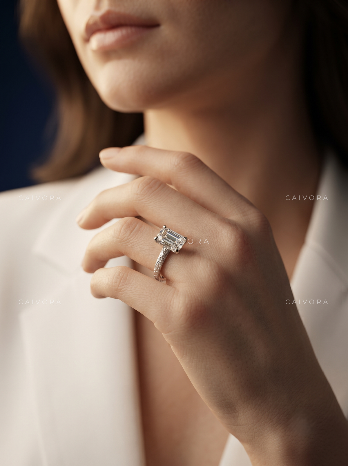 Emerald Cut Floral Engraved Solitaire Engagement Ring