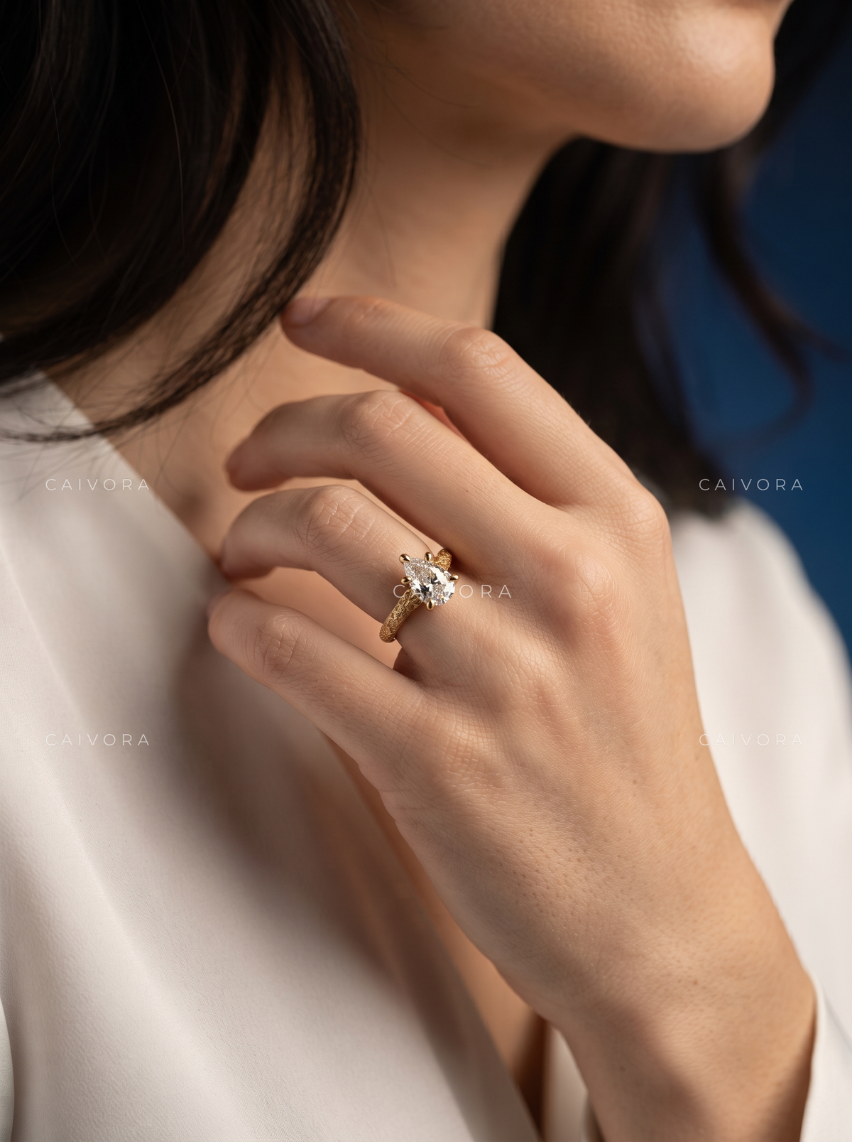 Pear Cut Vintage Floral Engraved Solitaire Engagement Ring