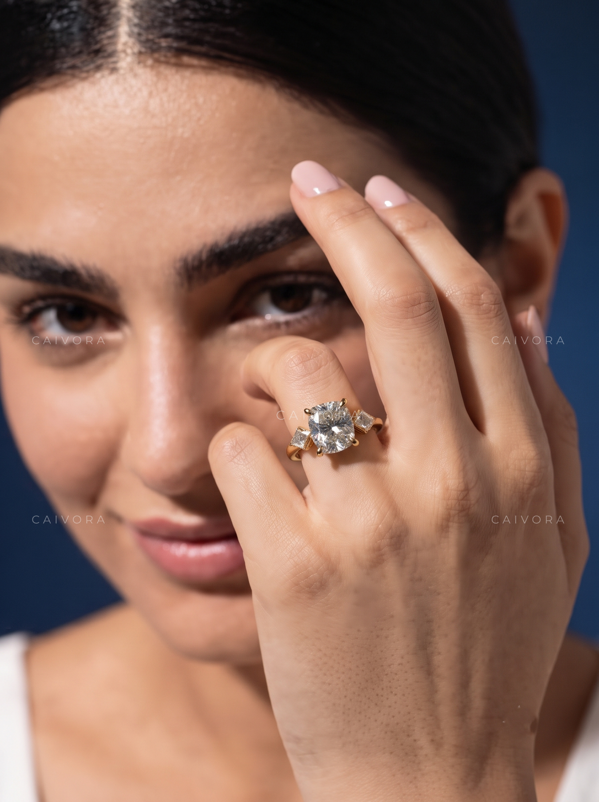 Refined Three Stone Engagement Ring with Cushion Diamond & Kite Accents
