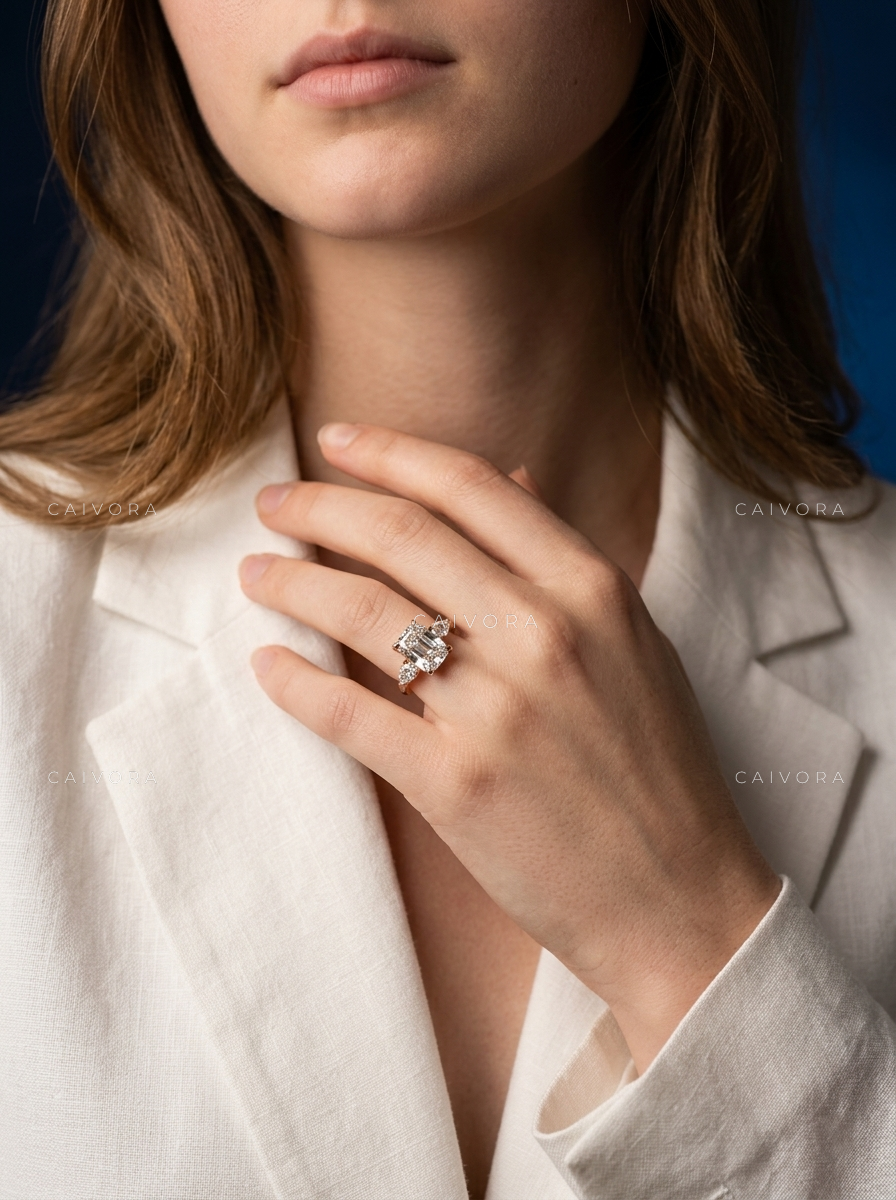 Romantic Three Stone Design Framed by a Cushion Cut Center