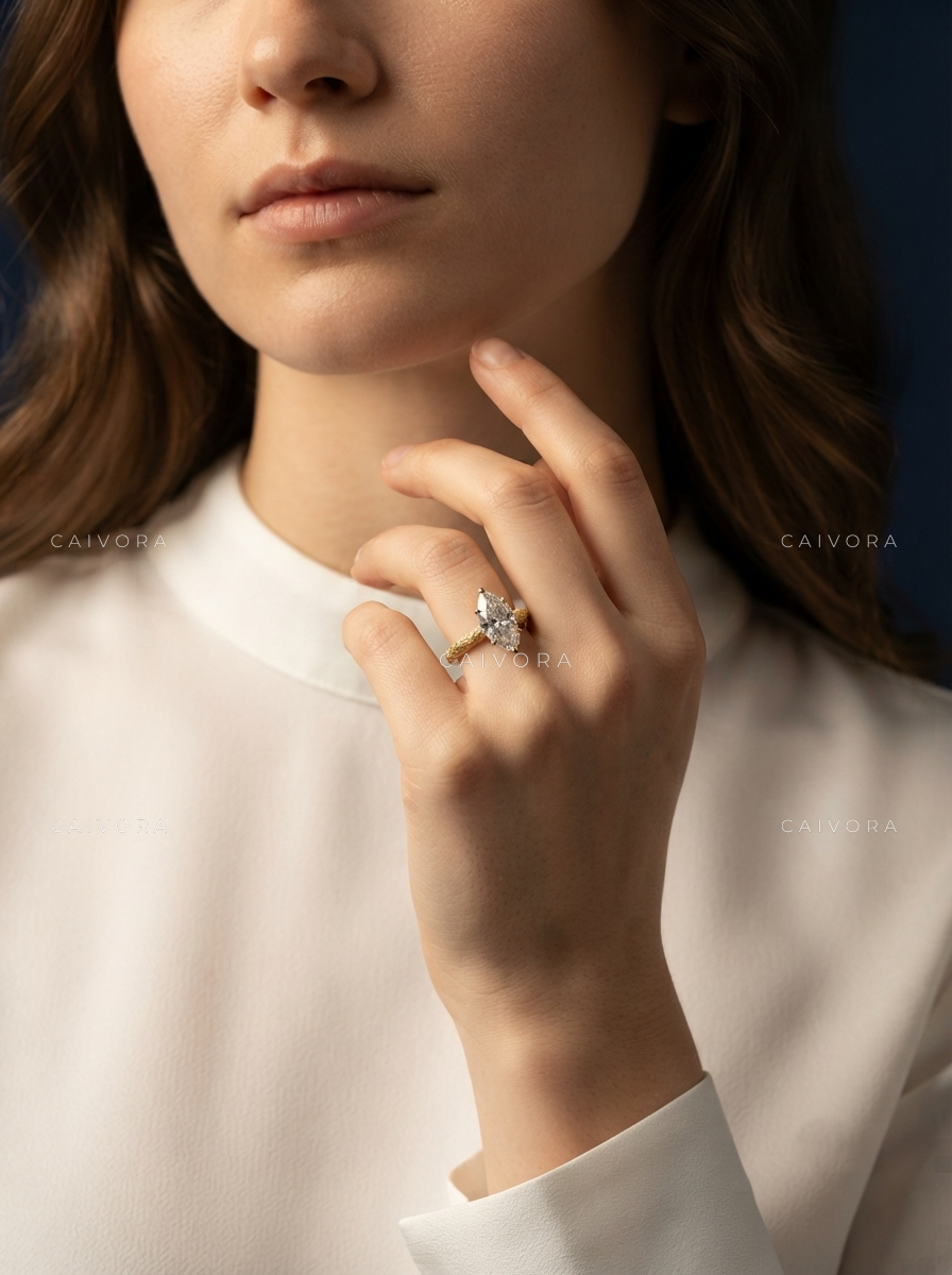 Marquise Cut Floral Engraved Solitaire Engagement Ring