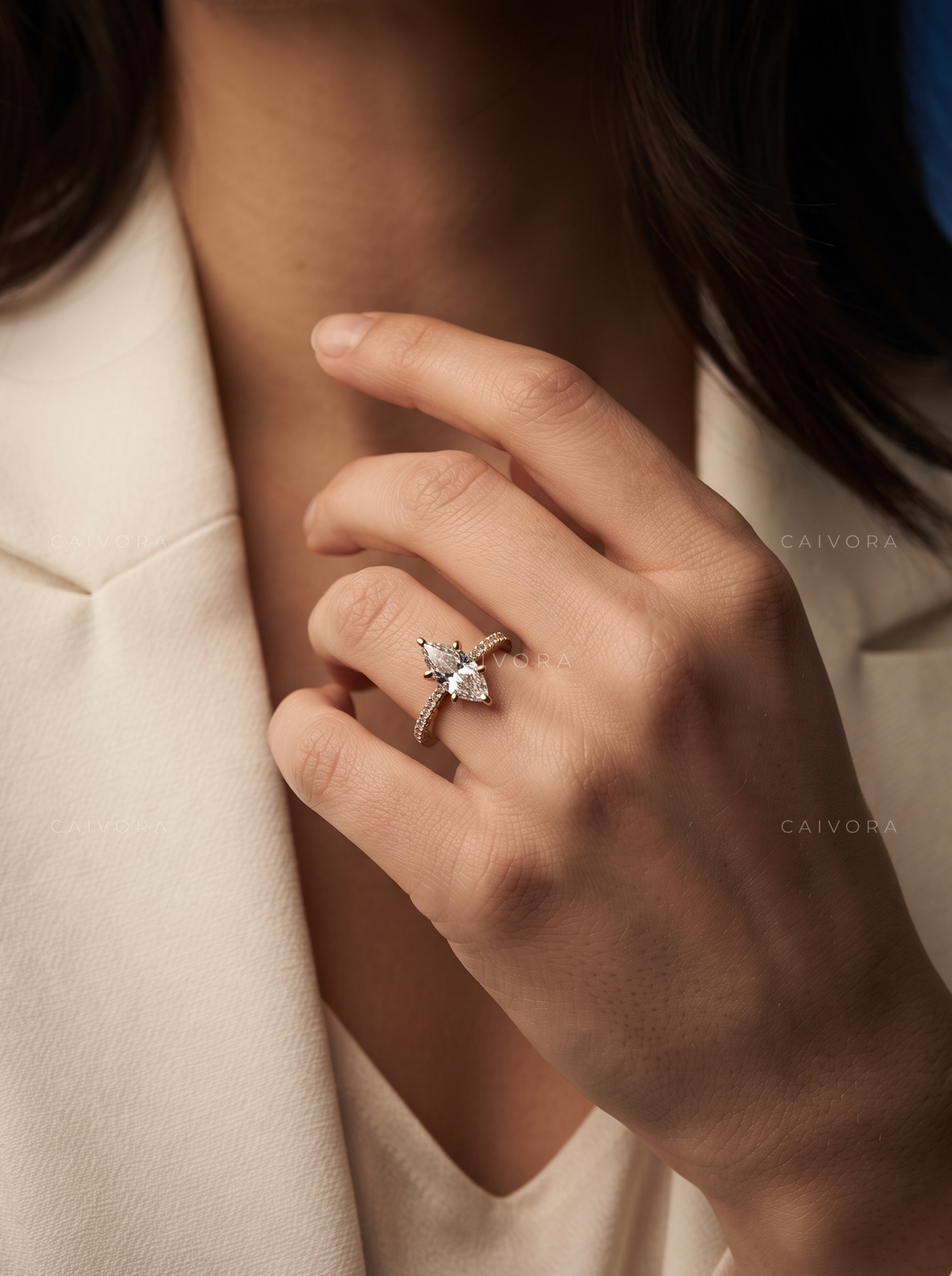 Marquise Cut Diamond Engagement Ring with Tapered Pave Band