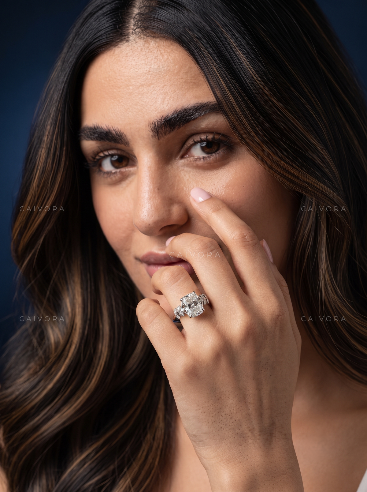 Cushion Cut Floral Engagement Ring with Marquise Accents