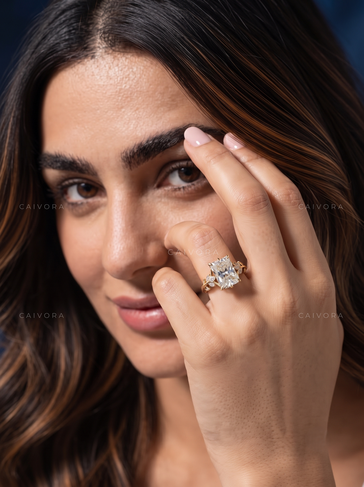 Radiant Cut Floral Engagement Ring with Marquise Accents