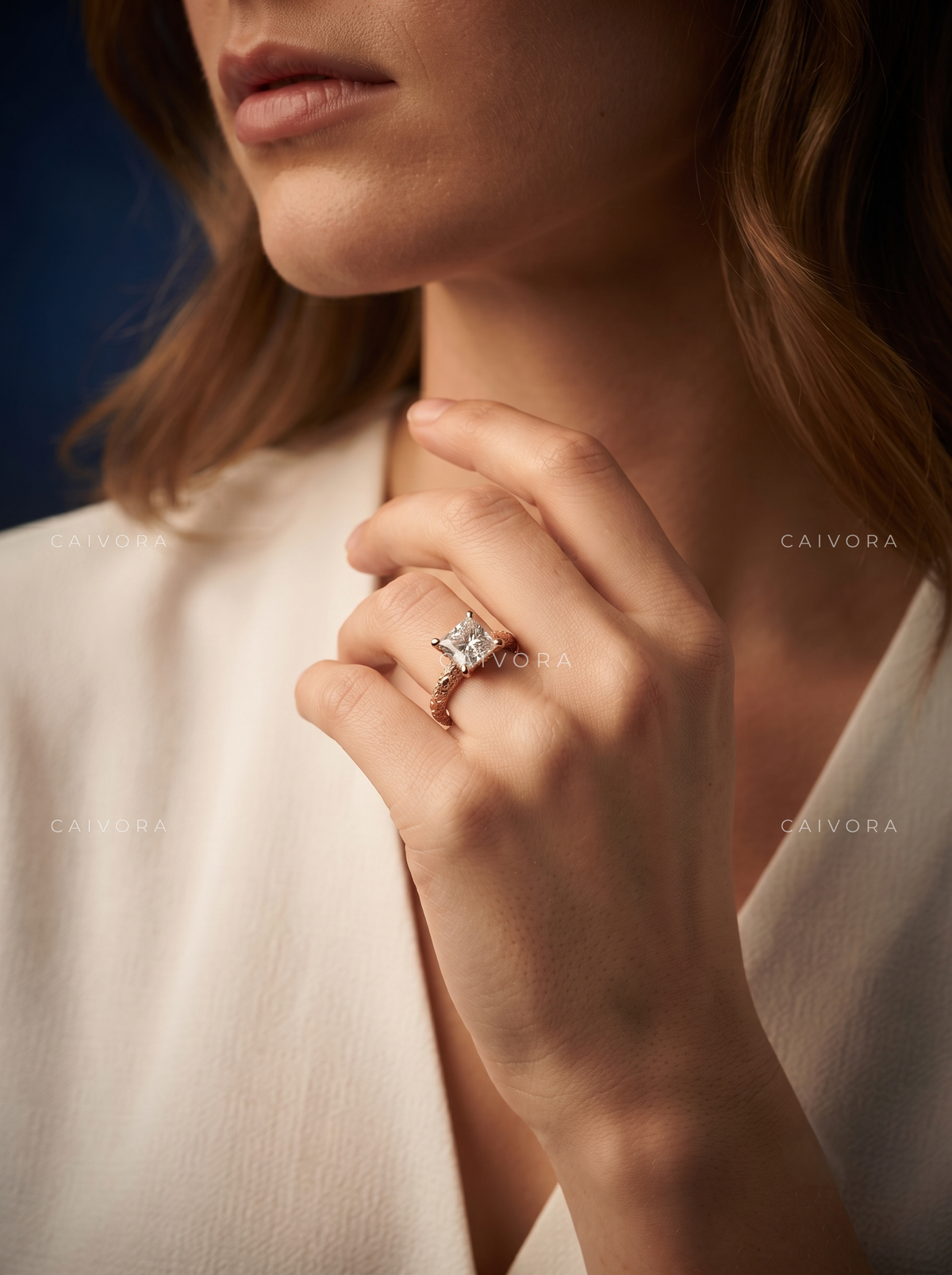 Princess Cut Floral Engraved Solitaire Engagement Ring
