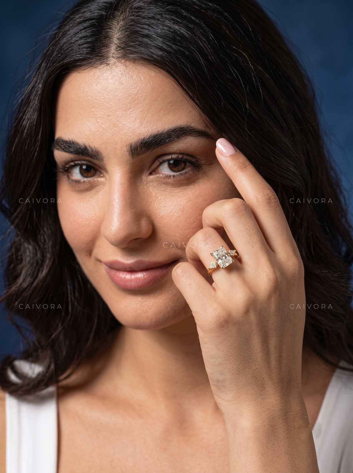 Modern Three Stone Engagement Ring with Radiant Diamond & Kite Accents