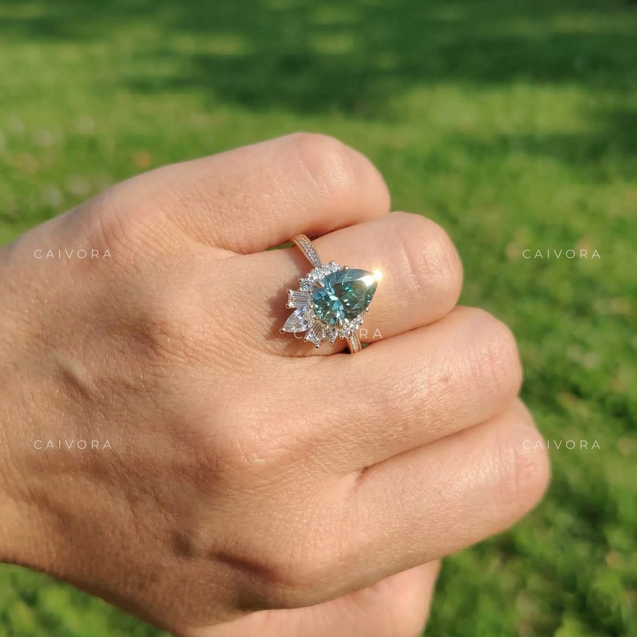 Vintage Green Pear Cut Diamond Engagement Ring