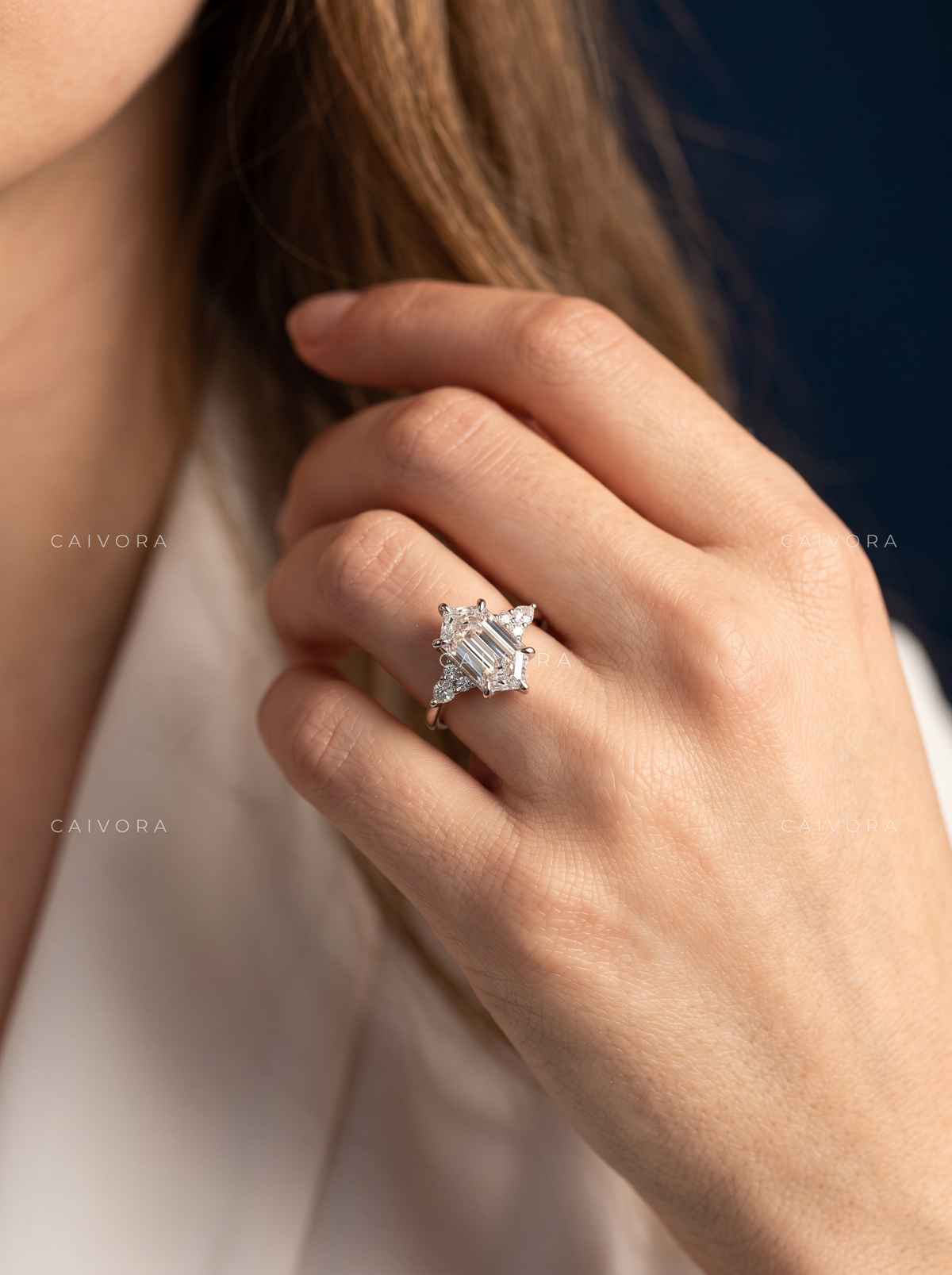 Modern Artisan Engagement Ring with a Hexagon Cut Center Diamond
